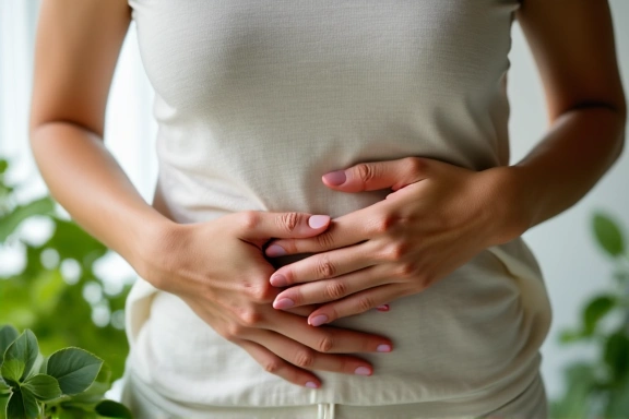 Happy person holding their stomach, representing healthy digestion