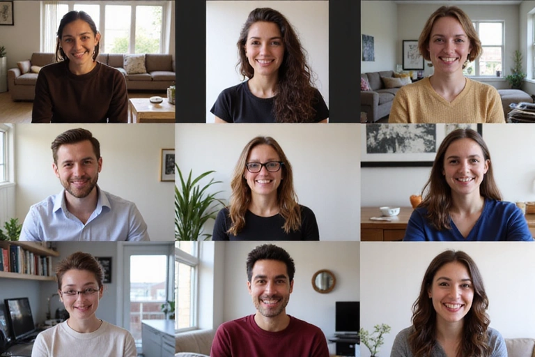 A diverse group of people, each on their own device, participating in an online wellness workshop, symbolizing community and remote access.