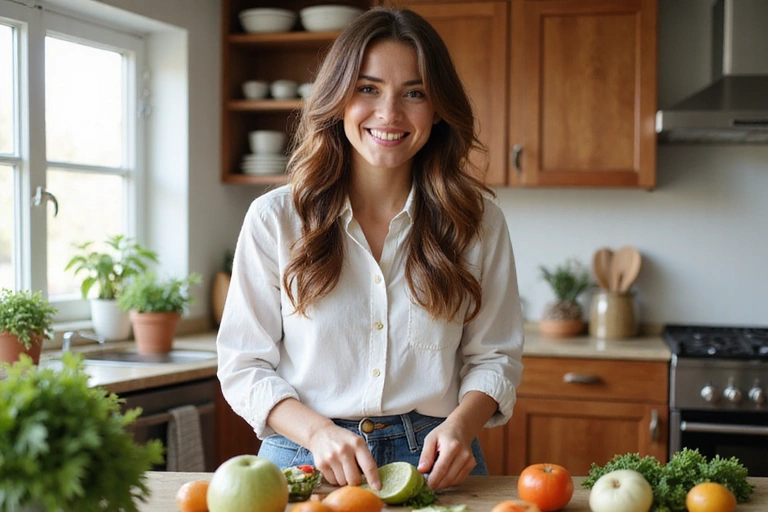 A person happily preparing a healthy meal in their kitchen, inspired by an online nutrition consultation.